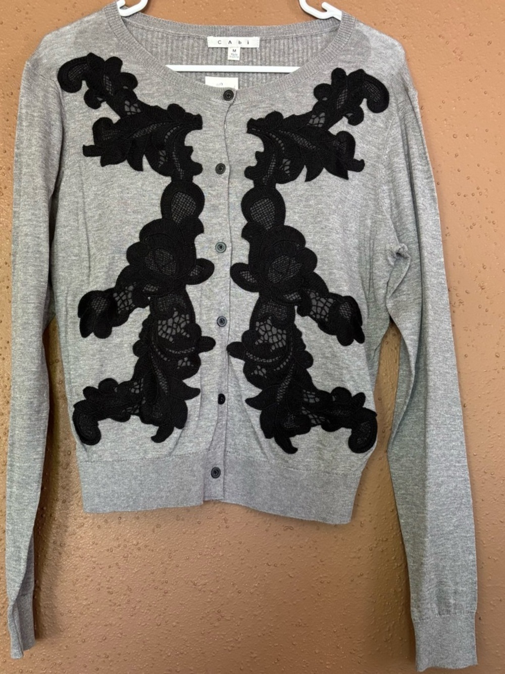 Cabi Applique Cardigan 100 Charcoal Lace Grey Black Floral Sweater  Size M